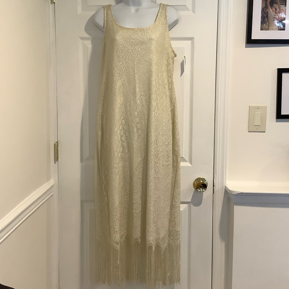 NWT MSK WOMEN Gold/White Metallic Fringe Gatsby Wedding Guest Formal Dress 1X